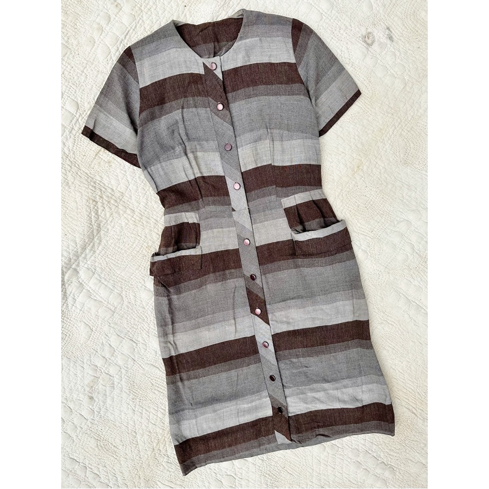Vintage 1950s Brown Striped Button Front Wiggle Dress S/M
